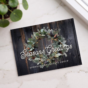 Christmas Green Wreath and Wood Season's Greetings Postcard