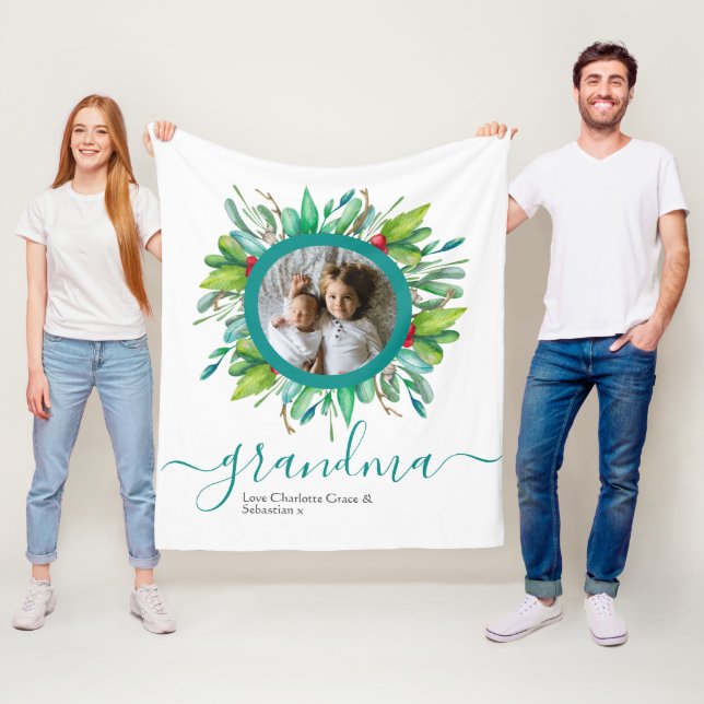 Christmas Green Wreath Photo Personalized Fleece Blanket (In Situ)