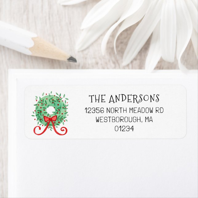 Christmas Green Wreath Red Bow Return Address Label (Insitu)