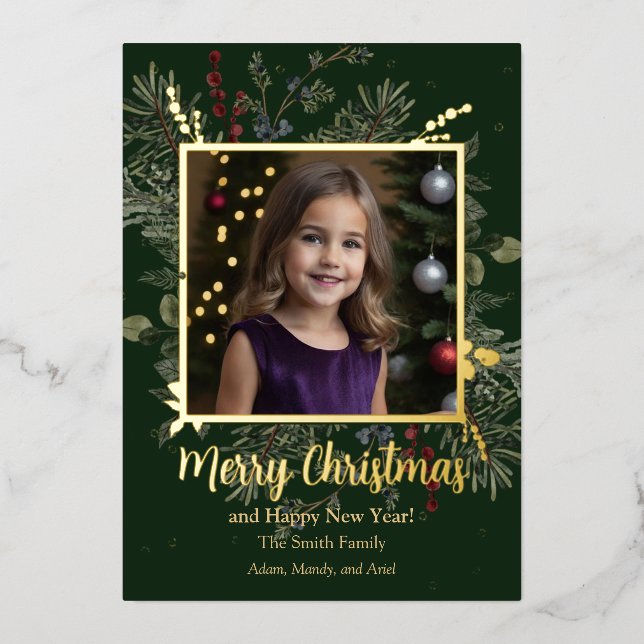 Christmas Greenery and Berries Foil Holiday Card (Front)