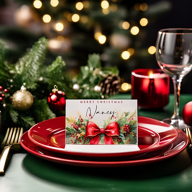 Christmas greenery and bow custom place card (Creator Uploaded)