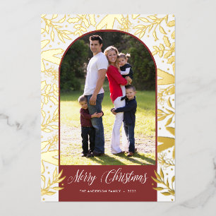 Christmas Greenery Arched Photo Real Gold Foil Holiday Card
