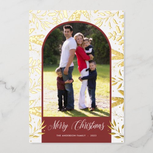 Christmas Greenery Arched Photo Real Gold Foil Holiday Card