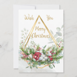Christmas greenery, baubles, gold effect frame holiday card