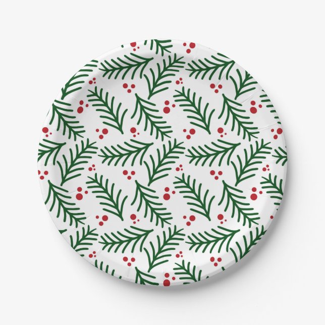 Christmas Greenery Berries Artisan Modern Holiday Paper Plates (Front)