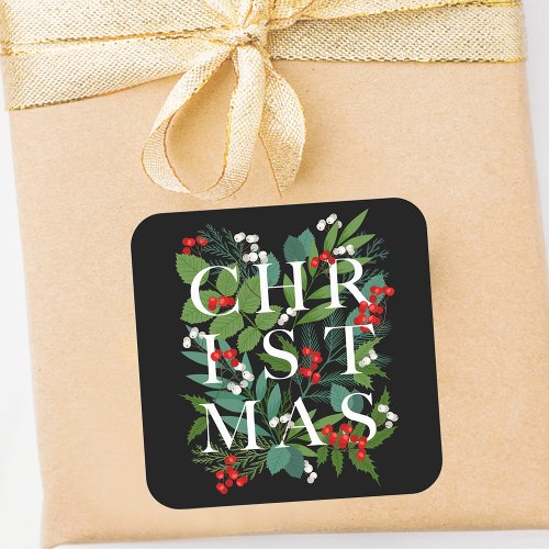 CHRISTMAS Greenery Berries Holiday Black Square Sticker