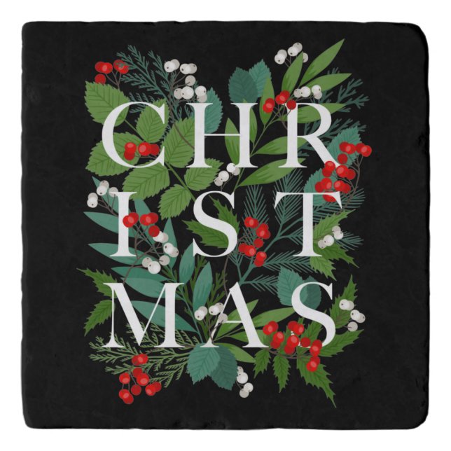 CHRISTMAS Greenery Berries Holiday Black Trivet (Front)
