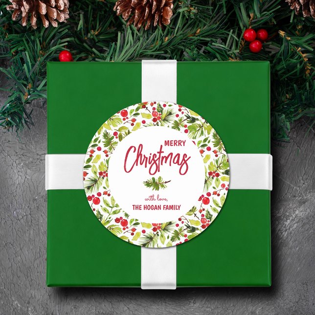 Christmas Greenery Berries Holiday Classic Round Sticker (Merry Christmas with Love round stickers with greenery and red berries)