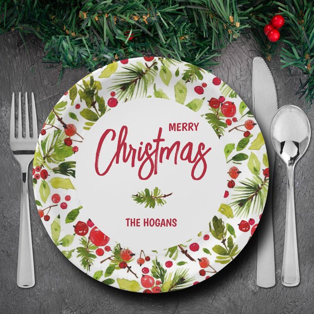 Christmas Greenery Berries Holiday Paper Plates (Personalized Merry Christmas paper plates with greenery and berries)