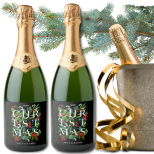 CHRISTMAS Greenery Berries Holiday Sparkling Wine Label