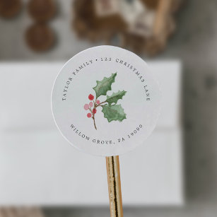 Christmas Greenery & Berry Circular Return Address Classic Round Sticker