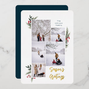 Christmas Greenery Berry Frame 5 Photo Foil Holiday Card