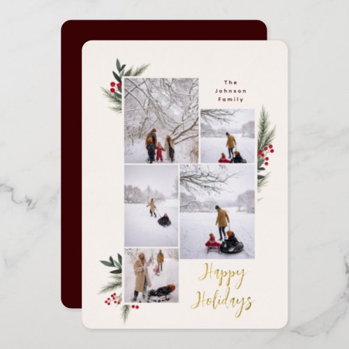 Christmas Greenery Berry Frame 5 Photo Foil Holiday Card