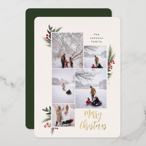 Christmas Greenery Berry Frame 5 Photo Foil Holiday Card