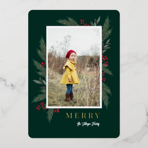 Christmas Greenery Berry Frame Photo Foil Holiday Card