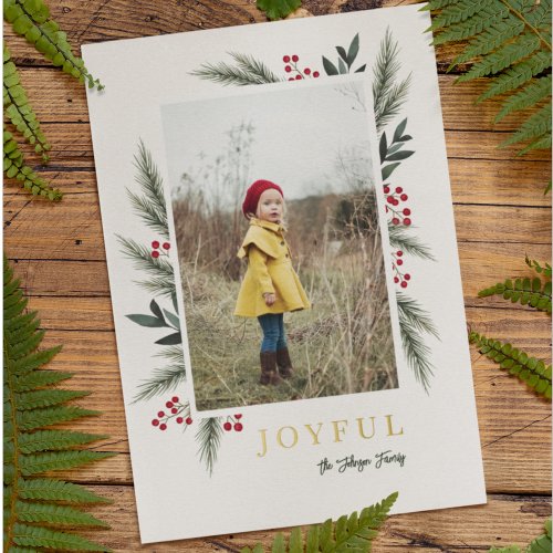 Christmas Greenery Berry Frame Photo Foil Holiday Card