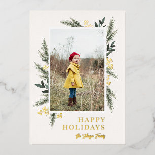 Christmas Greenery Berry Frame Photo Foil Holiday Card