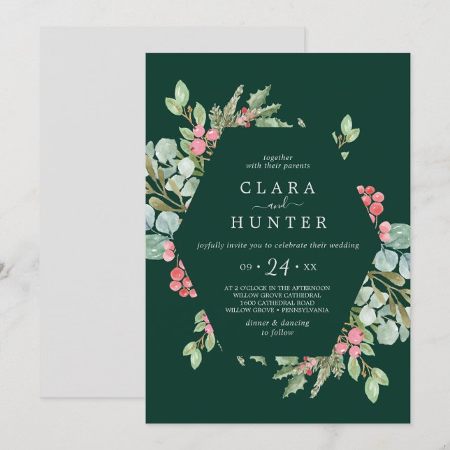 Christmas Greenery & Berry | Green Casual Wedding Invitation (Front/Back)