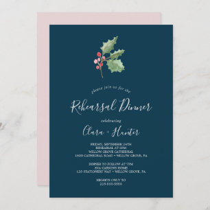 Christmas Greenery & Berry Navy Rehearsal Dinner Invitation