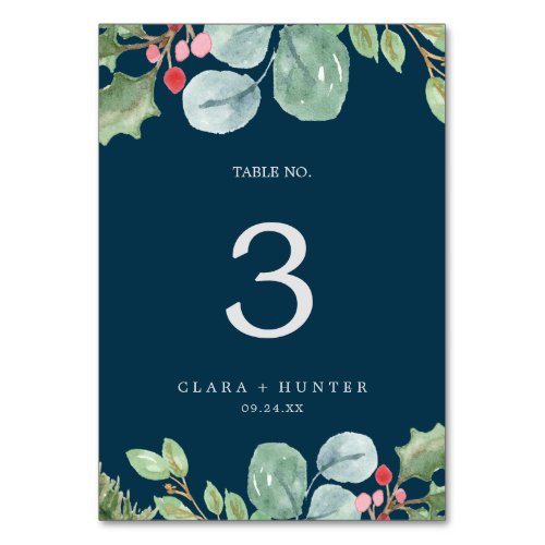 Christmas Greenery  Berry  Navy Table Number