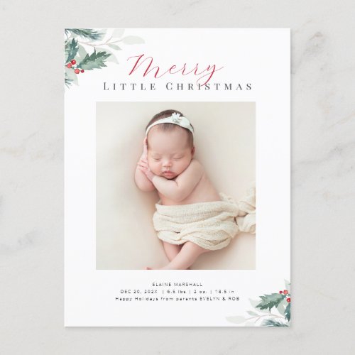 christmas greenery birth announcement  postcard