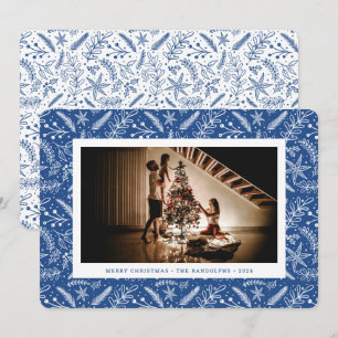Christmas Greenery (Blue) Horizontal Photo Holiday Card