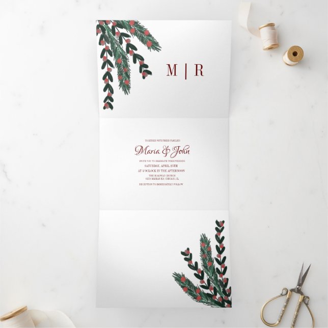 Christmas Greenery Botanical Gouache Wedding Tri-Fold Invitation (Inside)