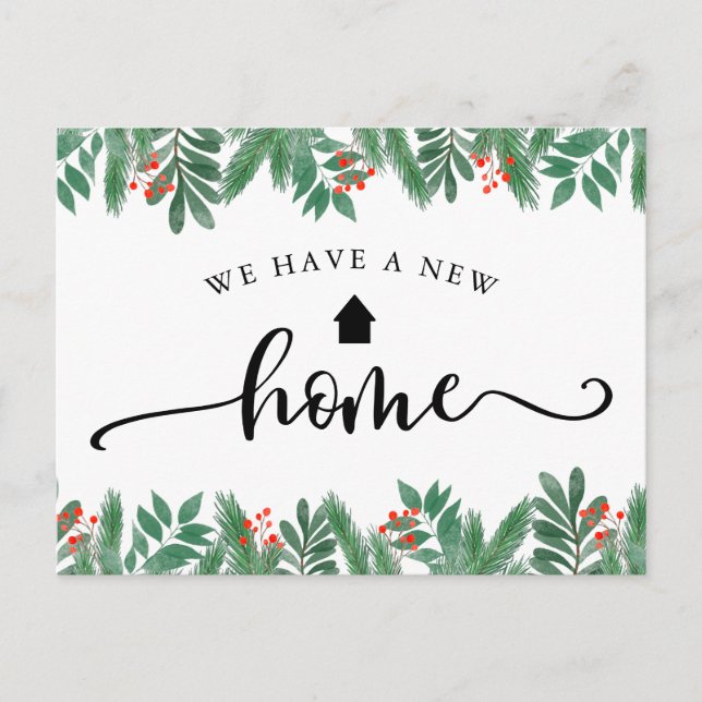 Christmas Greenery Calligraphy Moving Announcement Postcard (Front)