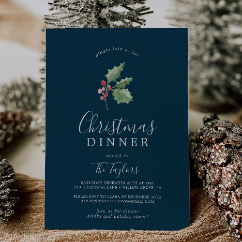 Christmas Greenery Christmas Dinner  Navy Invitation