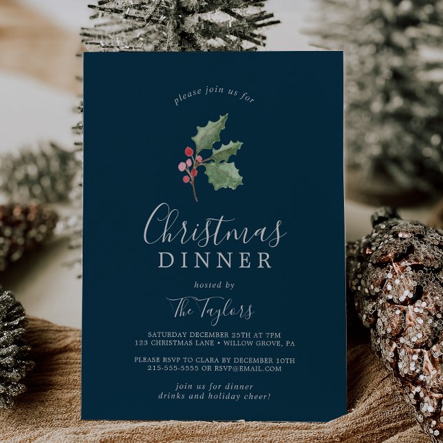 Christmas Greenery Christmas Dinner | Navy Invitation (Creator Uploaded)