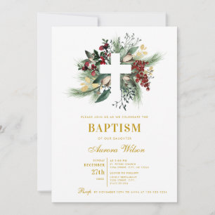Christmas Greenery Cross Baptism Invitation