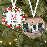 Christmas Greenery Custom Family Monogram Photo Ornament<br><div class="desc">Personalized ornament design features a beautiful watercolor wreath design with green leaves and red berries holiday greenery foliage that frames elegant custom monogram with initial and last name. Customize with your favorite family photo on the reverse side.</div>