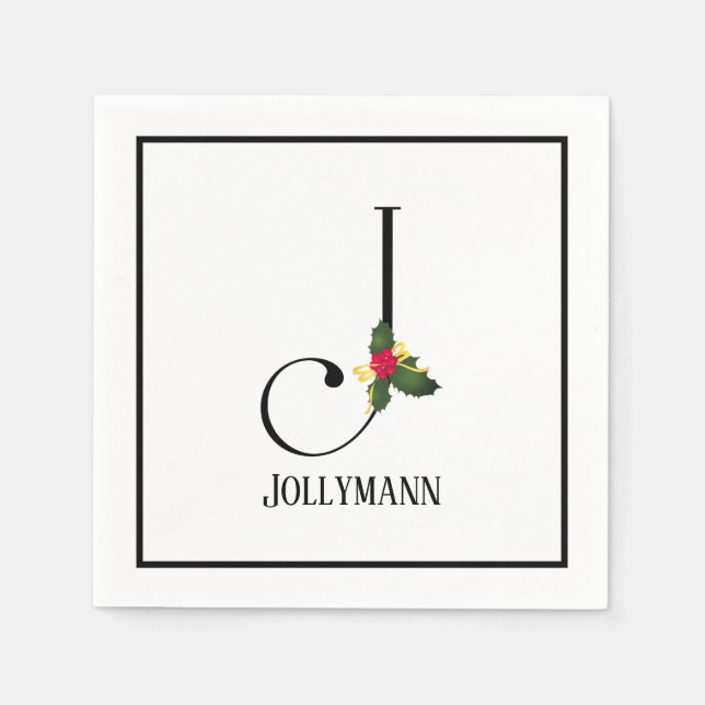 Christmas Greenery Elegant Monogram Letter J Paper Napkins (Front)