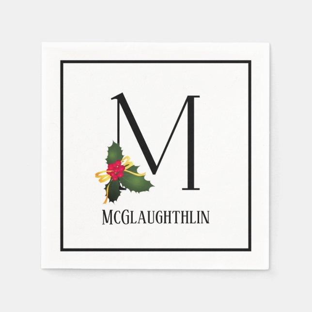 Christmas Greenery Elegant Monogram Letter M Paper Napkins (Front)