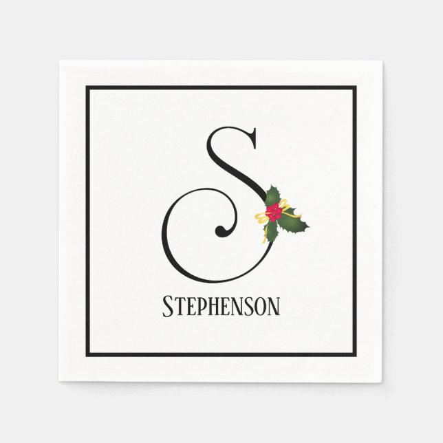 Christmas Greenery Elegant Monogram Letter S Paper Napkins (Front)