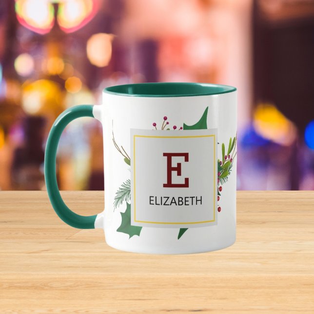 Christmas Greenery Elegant Red Monogram Green Mug (Creator Uploaded)
