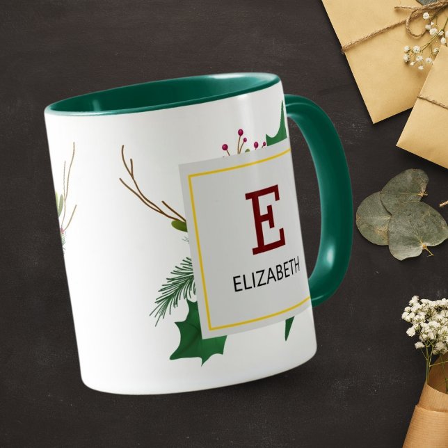 Christmas Greenery Elegant Red Monogram Green Mug (Creator Uploaded)