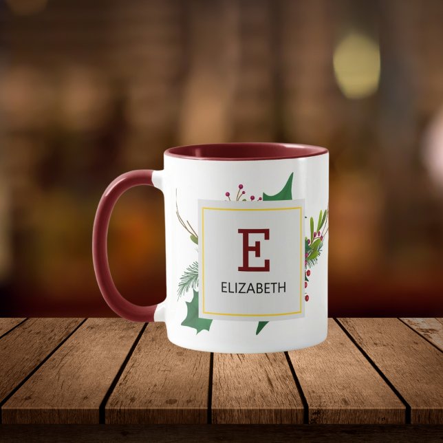 Christmas Greenery Elegant Red Monogram Maroon Mug (Creator Uploaded)
