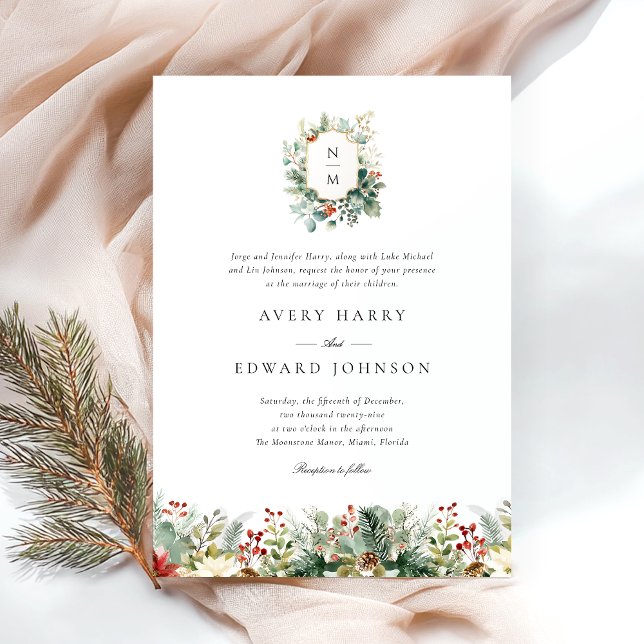 Christmas Greenery Elegant Watercolor Wedding  Invitation (Creator Uploaded)
