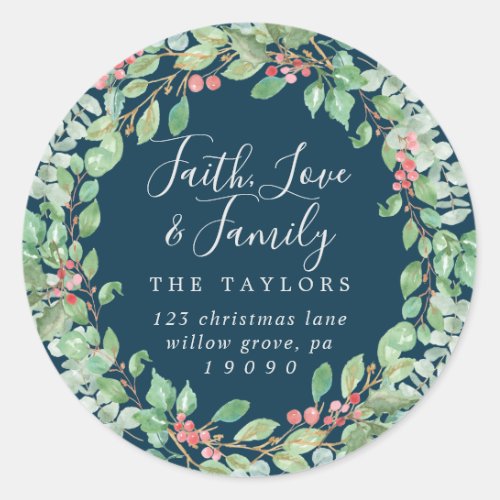 Christmas Greenery Faith Love  Family Envelope Classic Round Sticker