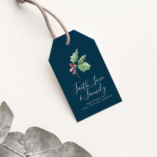 Christmas Greenery Faith Love & Family   Navy Gift Tags
