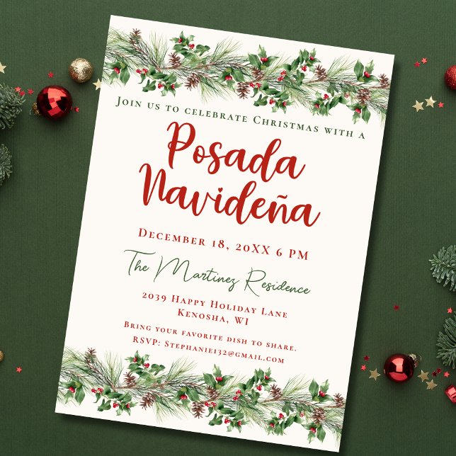 Christmas Greenery Festive Mexican Posada Navideña Invitation (Creator Uploaded)
