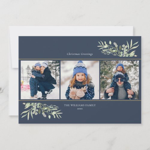 Christmas Greenery Floral Chic Modern 3 Photo Holiday Card