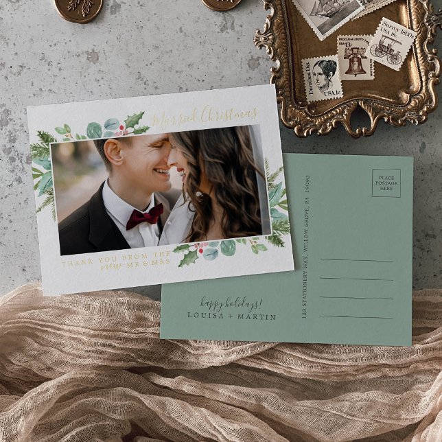 Christmas Greenery Foil Christmas Thank You Foil Holiday Postcard (Creator Uploaded)