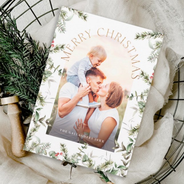 Christmas Greenery Foliage Gold Glitter Photo Holiday Card (Christmas greenery arch photo holiday card.)