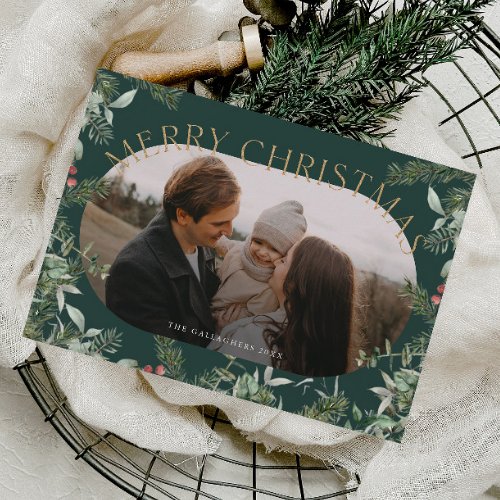 Christmas Greenery Foliage Gold Glitter Photo  Holiday Card