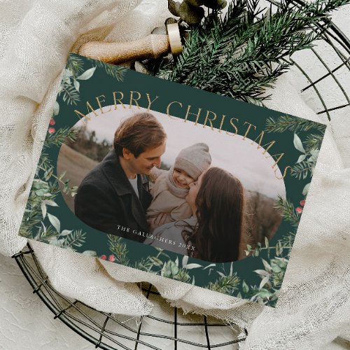 Christmas Greenery Foliage Gold Glitter Photo  Holiday Postcard