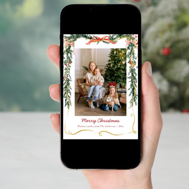 Christmas Greenery Garlands and Bow 1 Photo Holiday Card (Front Digital)