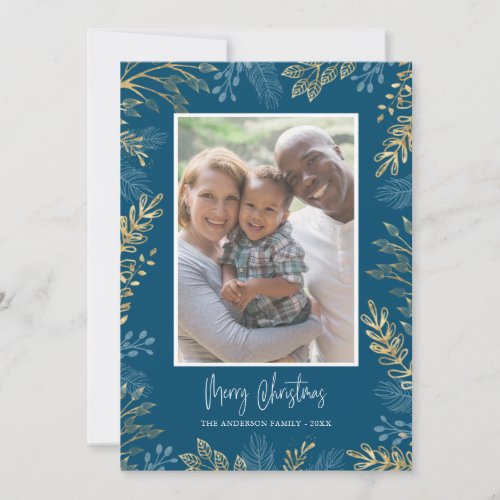 Christmas Greenery Gold and Blue 2 Photo Holiday Card