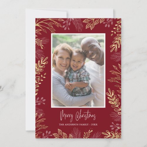 Christmas Greenery Gold and red 2 Photos Holiday Card